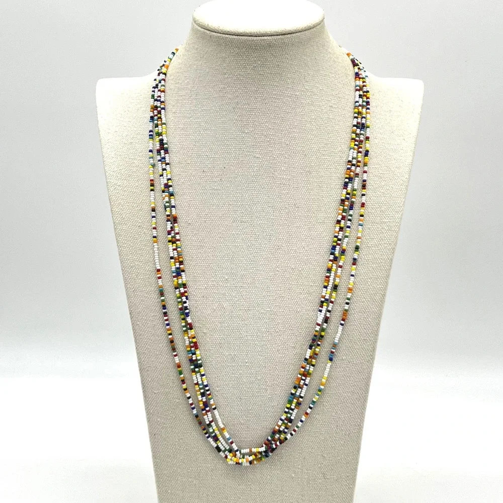 Long Multi Color Seed Bead Necklace Single Strand White Red Blue Yellow 50 Inch